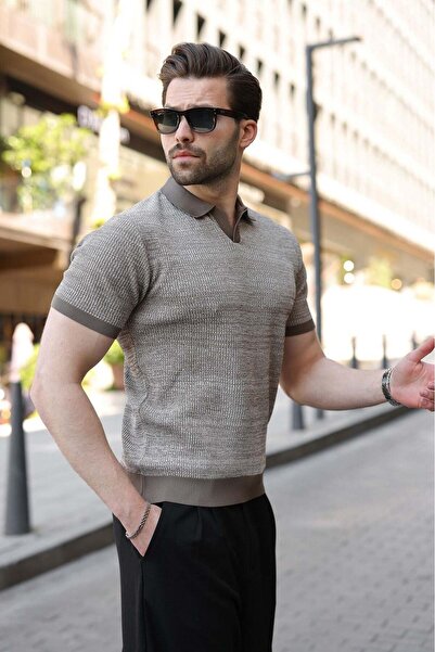 Madmext Light Brown Polo Collar Regular Fit Men's Knitwear T-Shirt E7496
