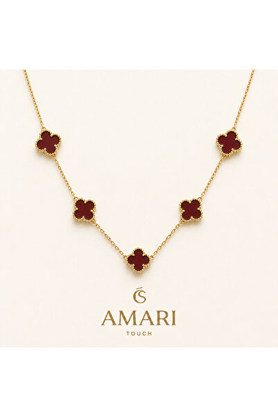 Amari Bordo Yonca Taşlı Gold Kolye