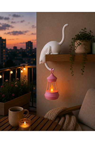 Printorium Askılı Kedi Raf Dekoru 24 CM – LED Fenerli Minimal Salon & Balkon ...