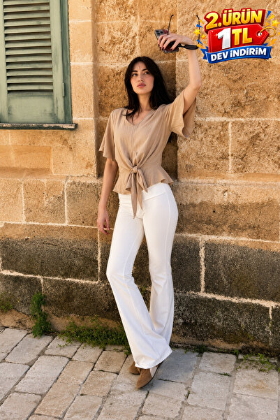 DAMGA JEANS Kadın Comfort Fit Yazlık V Yaka Şık Bej Bluz