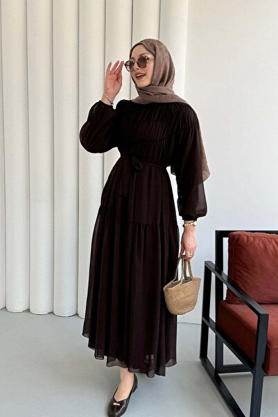 Modaensarbutik Büzgü Detaylı Oversize Şifon Tesettür Elbise-KAHVERENGİ