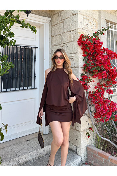 Laluvia Brown Off-Shoulder Dress - 0047