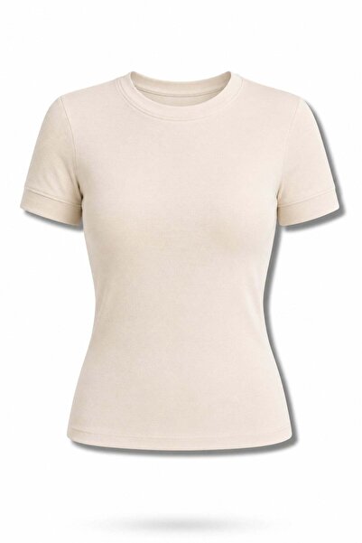 5in1Canpolat Beige Crew Neck T-Shirt 17426