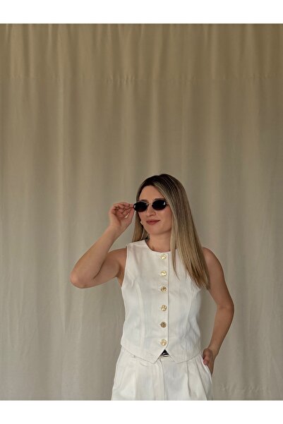 AlisBoutique Premium Keten Görünümlü Altın Düğmeli Yelek ve Kemerli Şort Takım