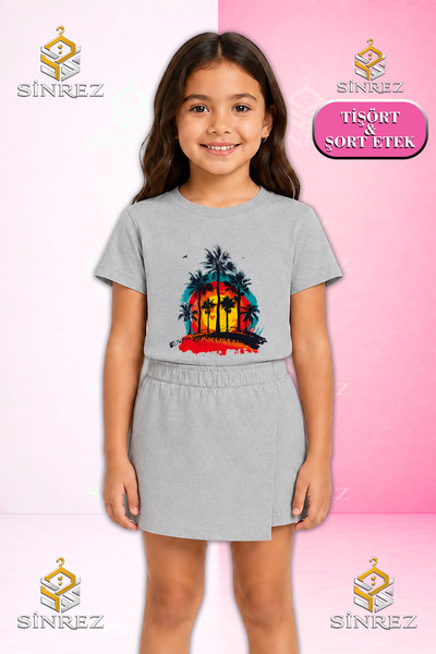 SİNREZ Girl's Set Palm Trees Summer Sun Canvas Printed Short Sleeve T-Shirt S...