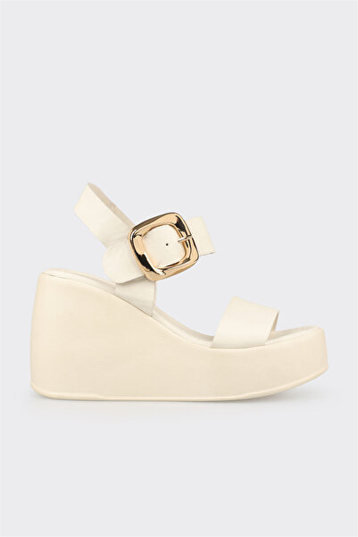 Elle Shoes Ekru Deri Kadın Dolgu Topuk Sandalet