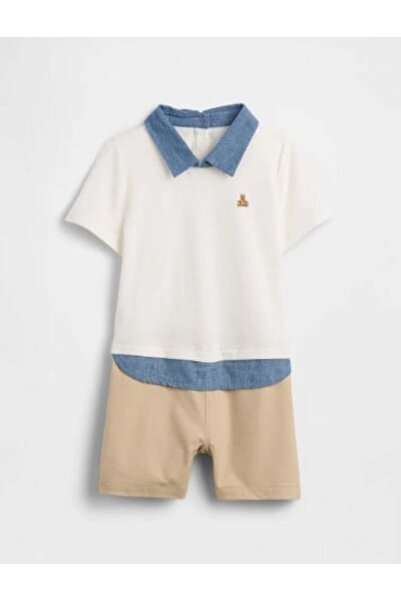 GAP Kids GAP Bebek Beyaz Brannan Bear Nakışlı Chambray Polo Yaka Tulum 0-24 A...