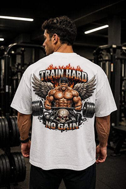 Welly Jones Train Hard No Gain Printed Oversize Fitness T-Shirt Men's Athlete...