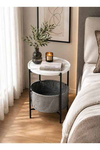 N.zone Modern Side Table with Marble Top and Practical Storage Basket, 42X56C...