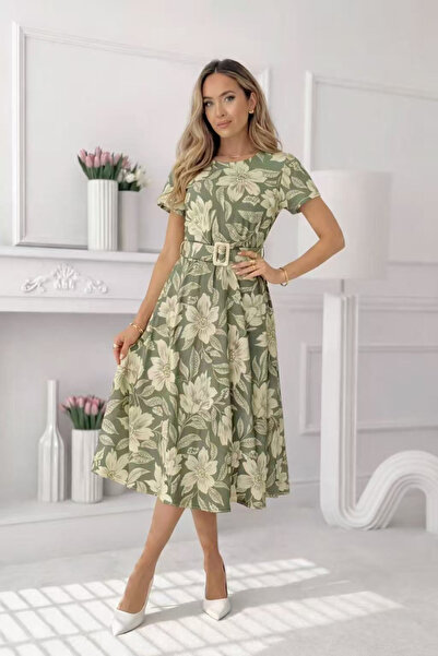 OEM Rochie midi eleganta dama cu imprimeu floral, maneca scurta si cordon in ...