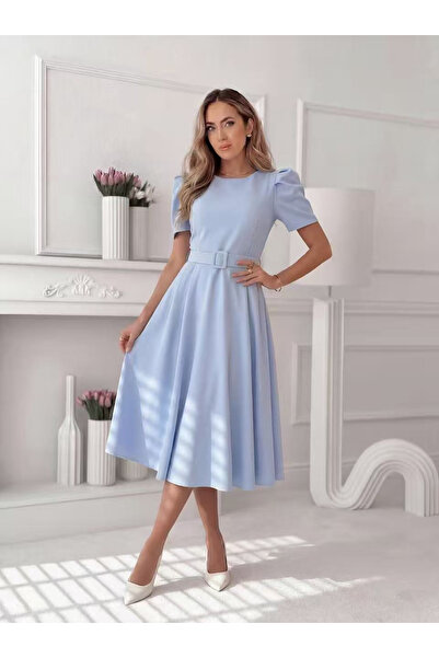 OEM Rochie midi eleganta dama uni cu curea in talie si maneca bufanta