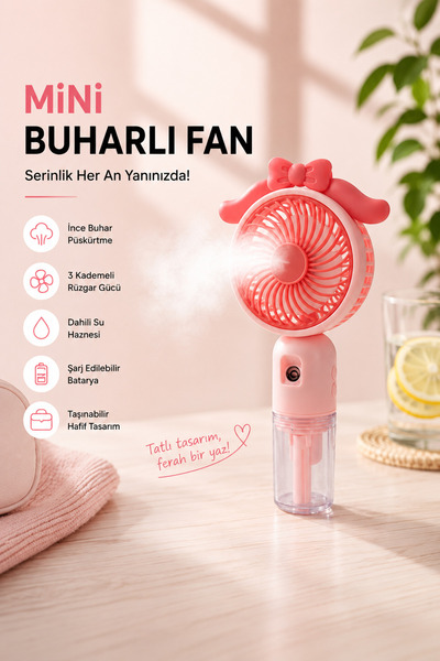 MR.BEAR Şarjlı Mini Taşınabilir Buharlı El Fanı ve Masaüstü Vantilatör - Pembe