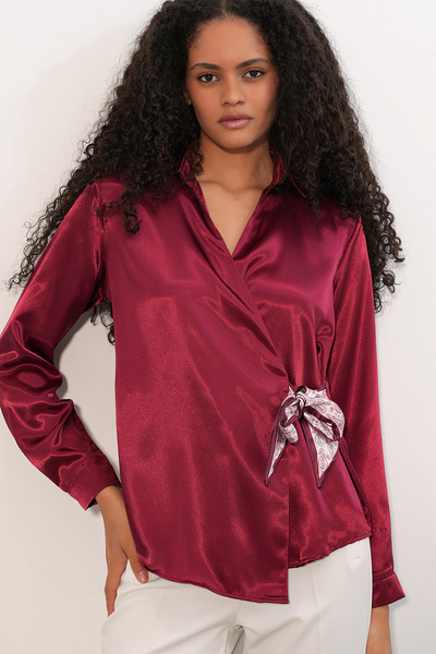 Bigdart Women's Double-Breasted Satin Shirt 20386 - Burgundy