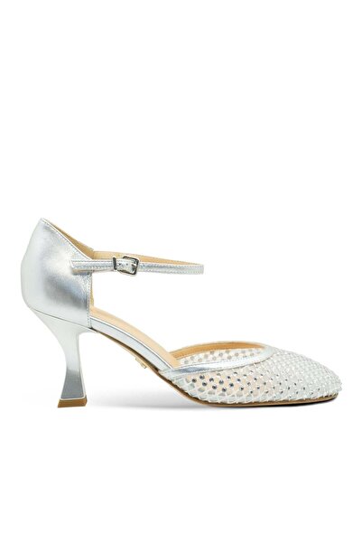 Vario Mesh Detailed Stoned Heeled Shoes Z644 Silver Leather + Mesh