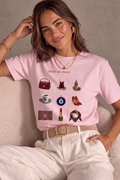 The Champ Clothing Kadın Oversize Tişört Turkish Girl Wishlist Baskılı Pembe ...