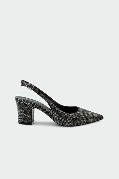 LAMİNTA Dice Snakeskin Patterned Women's Thick Black Heeled Shoes