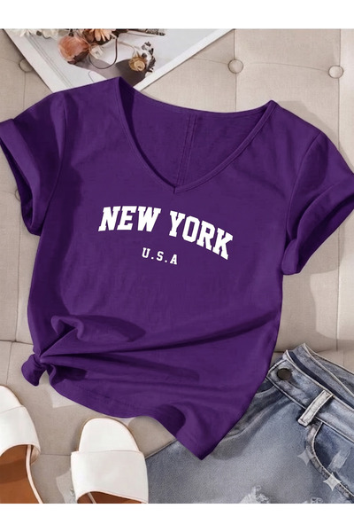 BW Bravely Wear Γυναικείο μπλουζάκι με λαιμόκοψη V NEWYORK USA με στάμπα κανο...