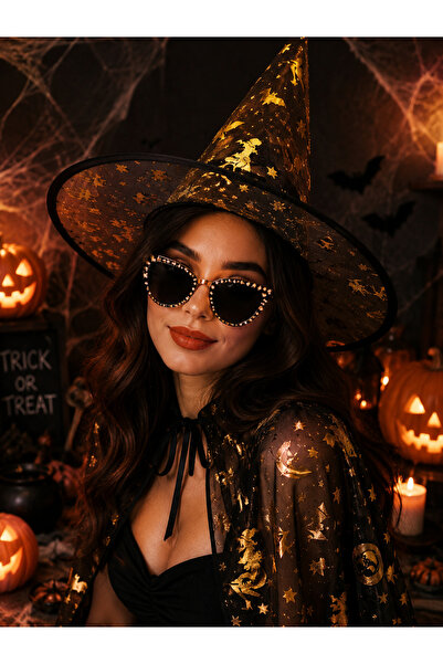 PARTİPORT Pălărie de vrăjitoare de Halloween, cu imprimeu auriu, neagră, tran...