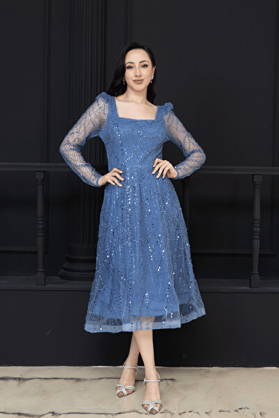 BEYBOS Full Beaded Square Neck Midi Dress - Indigo Blue