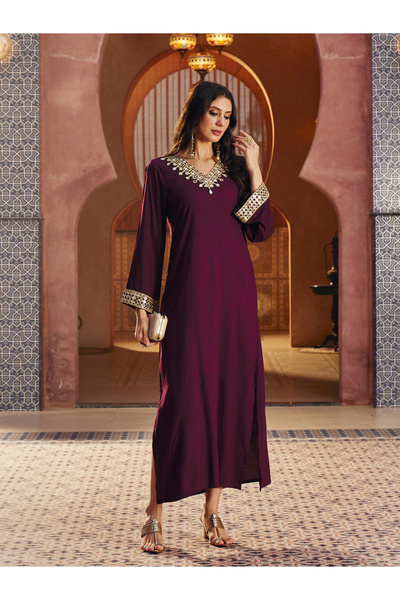Sassafras By Styli Burgundy Rayon Mirror-Work Abaya Dress