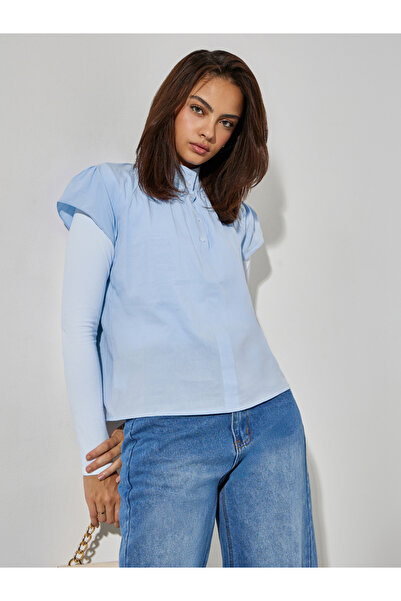 Styli Blue Pleated Short Sleeve Blouse