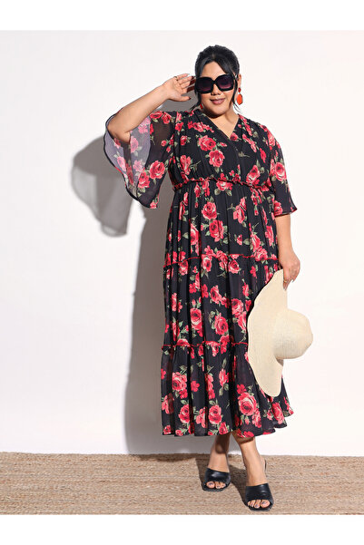 Sassafras By Styli Plus Size Floral Flared Sleeves Tiered Maxi Dress