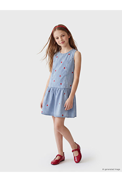 LC Waikiki Nevavm Heart Embroidered Girl's Jean Dress with a Difference