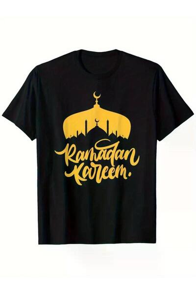 bolivia's قميص إسلامي لرمضان كريم للرجال والنساء - أسود مع طباعة مسجد وهلال أ...