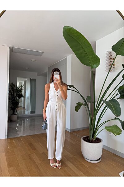 MERVE AKSOY Halter Yaka Tensel Tulum - Beyaz