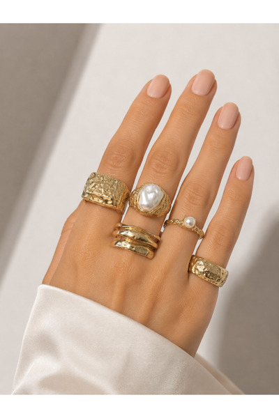 Girift Vintage Hamor Gold 5 Piece Pearl and Stone Ring Set