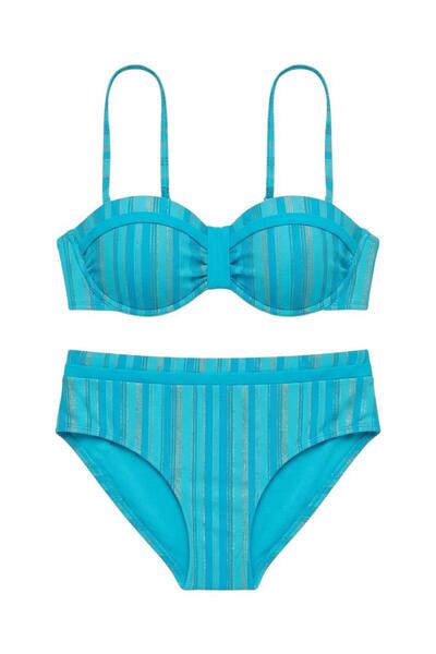 Armes straplez çizgili destekli kaplı bikini takımı