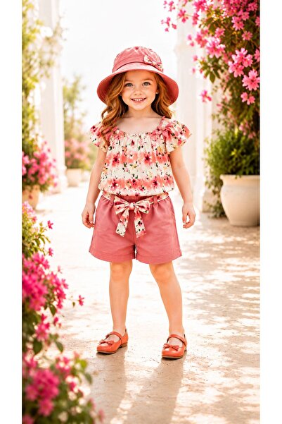 Kuzucuk Kids Bebek Çocuk Butik Kız Çocuk Çicek Desenli Şapkalı Takım - Bayram...