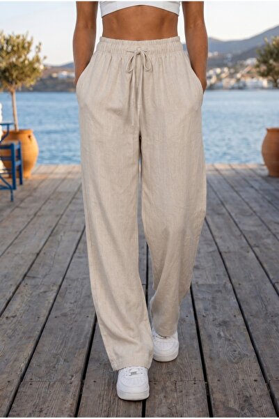 alanora Women's Loose-Fit Linen Trousers with Elastic Waist