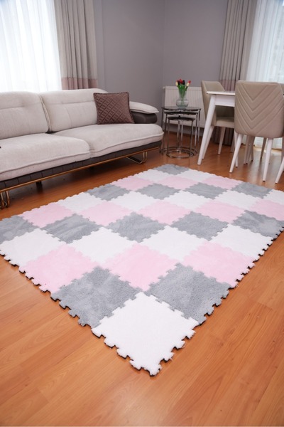 Gri Beyaz Pembe Kombini Modern Oturma odası, çocuk odası, yatak odası, hol, balkon vb alanlarda kullanılabilen yapboz halı