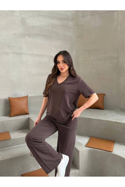Solishop طقم بيكيه مريح بياقة على شكل حرف V من مودال