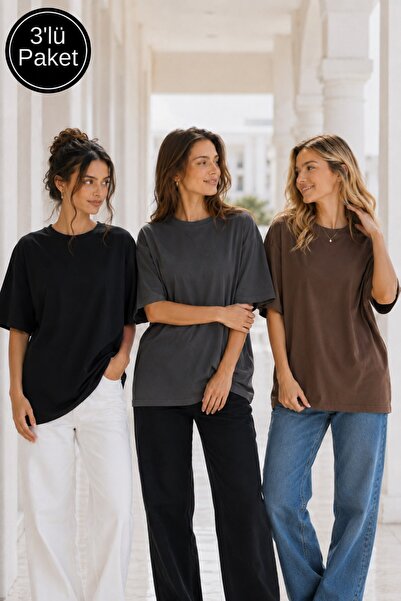 The Champ Clothing طقم تيشيرت نسائي كبير الحجم مكون من 3 قطع باللون الأسود وا...