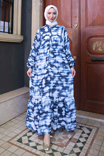 İmajButik Blue Half Buttoned Elastic Sleeves Tie-Dye Patterned Viscose Dress