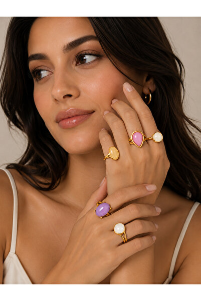 Takıtolia Tarel Gold 5-Piece Colorful Stone Ring Set Boho Vintage Combination