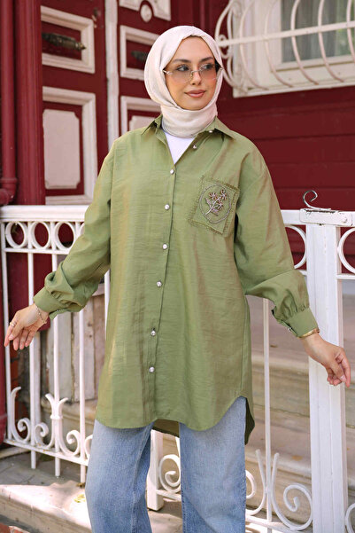 İmajButik Khaki Buttoned Modal Shirt with Stone Detail