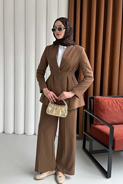Modaensarbutik Premium Vatkalı Palazzo Pantolon Tesettür Takım-SÜTLÜ KAHVE