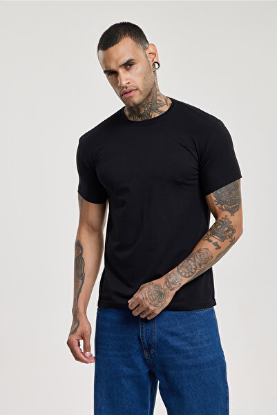 BigBrossBoutique Erkek Siyah %100 Pamuk Slim Fit Dar Kesim Bisiklet Yaka Tişört