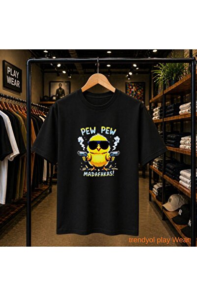 playwear Tricou Pew Pew cu imprimeu pe piept, 100% bumbac, supradimensionat, ...