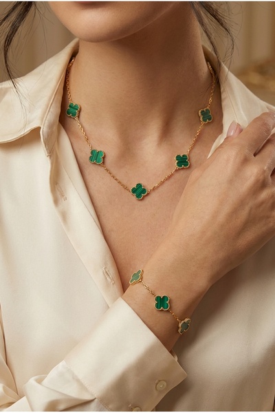 LOREZIA Glare Yeşil Yonca Detaylı Van Cleef Kadın Paslanmaz Çelik Takı Seti (...