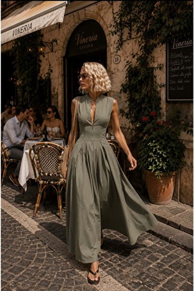 ibeeka Olive Muse Poplin Kumaş Fermuar Detaylı Premium Maxi Elbise