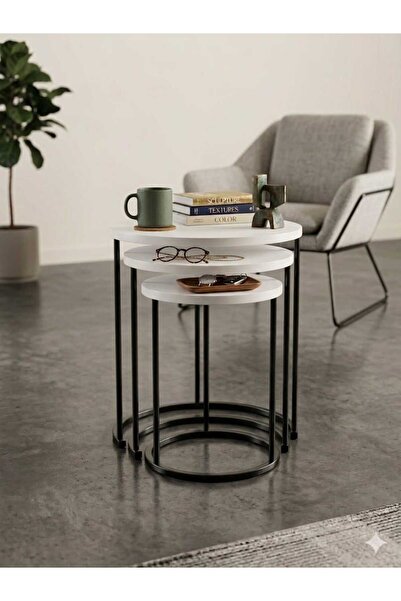 Nokta Sehpa Home siyah METAL beyaz MDF TABLA 3,lü Zigon Sehpa