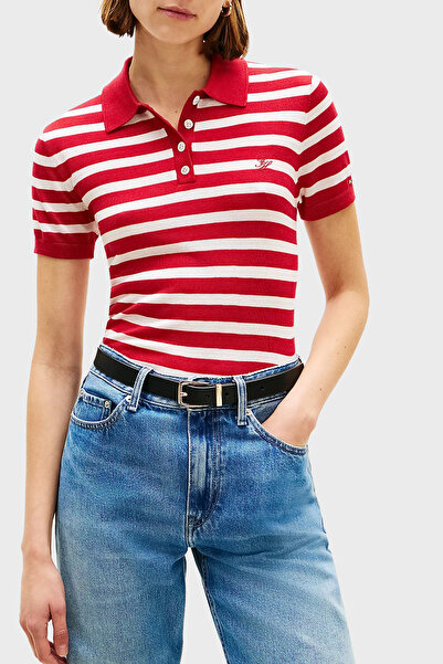 Tommy Hilfiger Çizgili İpek Karışımlı Kısa Kollu Düğmeli Polo Yaka Kazak POLO...