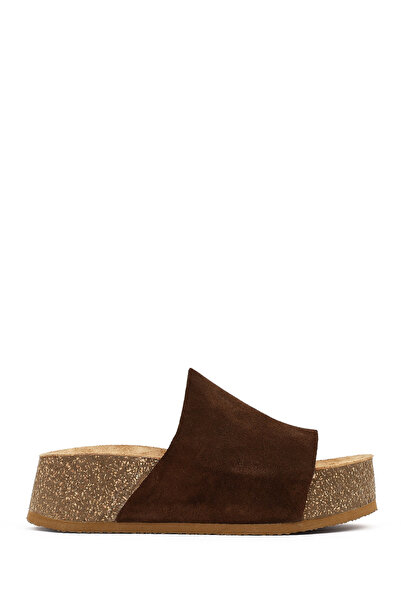 Derimod Women's Brown Thick-Soled Suede Leather Slippers 26Sfd203510
