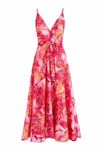 HAZELANNA V-Neck Belted Imported Satin Pink Dress