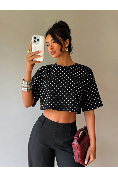 HIMMELDUF Women's Polka Dot Patterned Crop T-Shirt Basic Oversize Summer Blouse