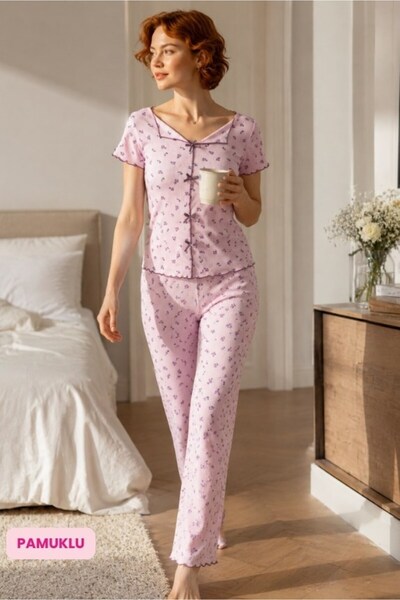 bie's Set de pijamale din bumbac cu mânecă scurtă, cu model floral liliac, de...